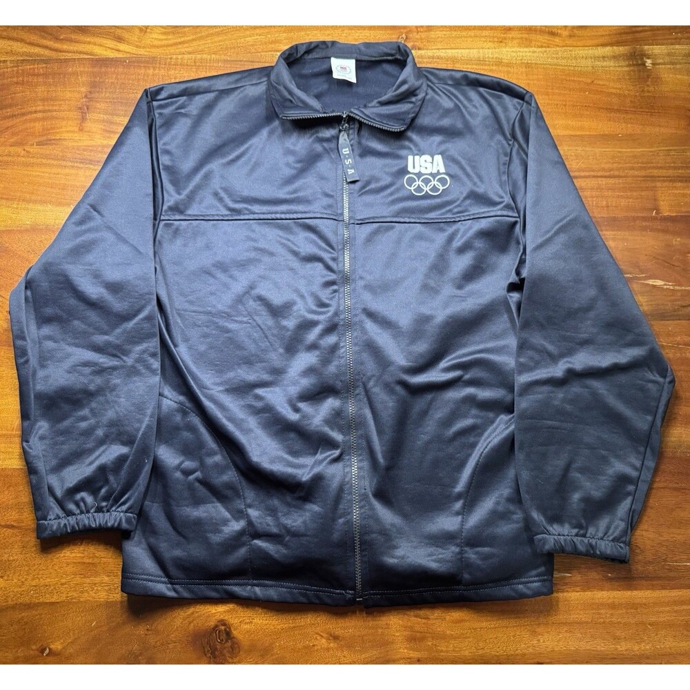 Vintage 90s USA Olympic Track Jacket Full Zip Navy Blue Embroidered Logo Mens XL
